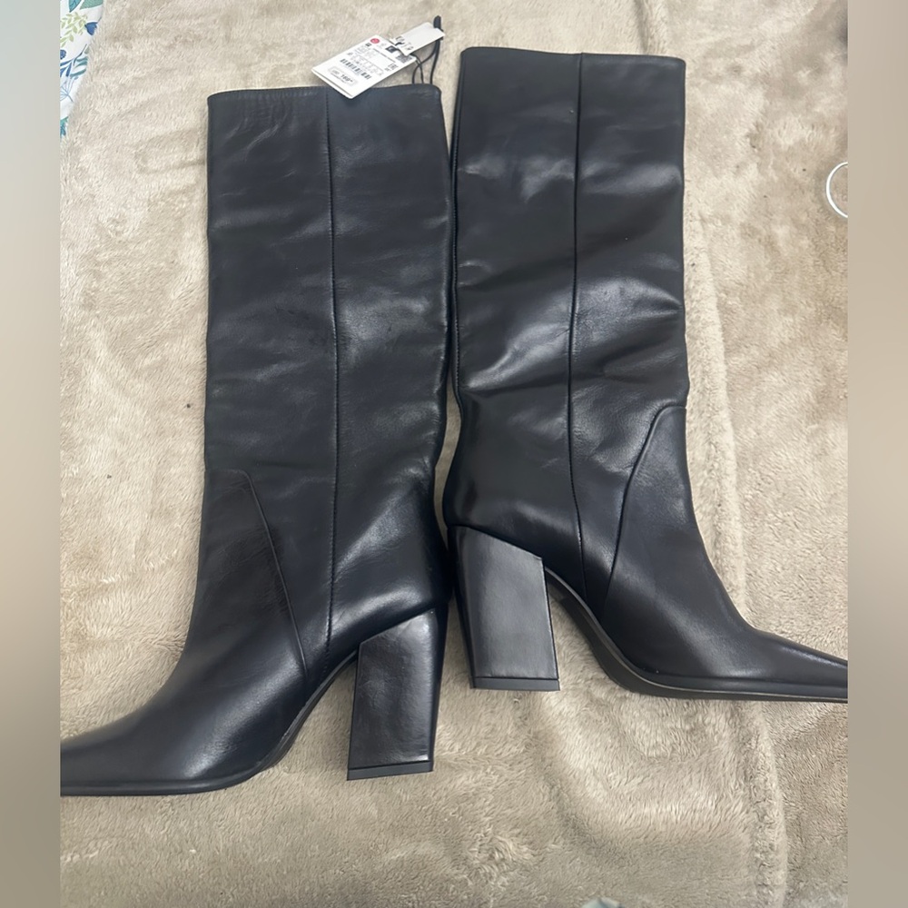 Zara Black Leather Knee-High Block Heel Boots